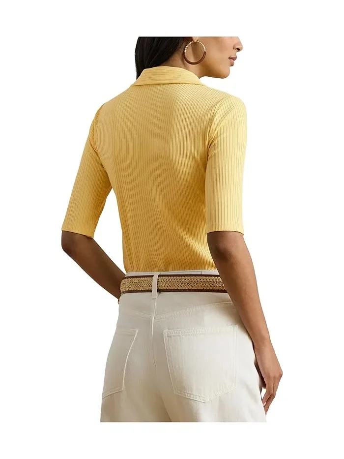 Полочная футболка с воротником Rib-Knit Elbow-Sleeve Polo Tee Lauren Ralph Lauren — изображение 3 из 5, лимонный