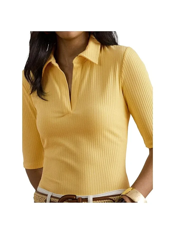 Полочная футболка с воротником Rib-Knit Elbow-Sleeve Polo Tee Lauren Ralph Lauren — изображение 4 из 5, лимонный