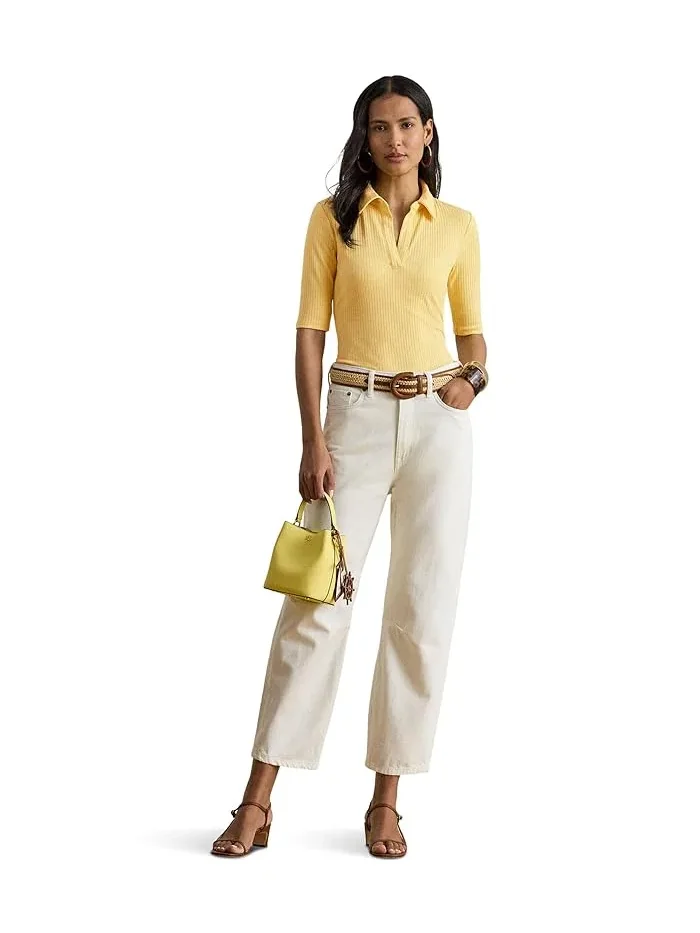 Полочная футболка с воротником Rib-Knit Elbow-Sleeve Polo Tee Lauren Ralph Lauren — изображение 5 из 5, лимонный