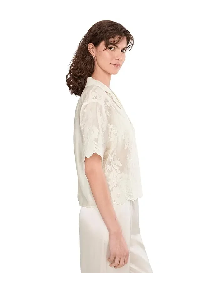 Блузка с вышивкой Relaxed Collar Short Sleeve Button-Up Vince Camuto — изображение 3 из 5, синий
