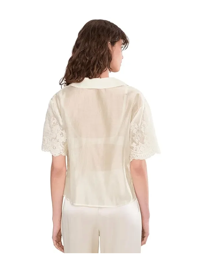Блузка с вышивкой Relaxed Collar Short Sleeve Button-Up Vince Camuto — изображение 4 из 5, синий