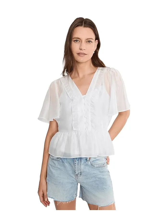 Топ V-neck Double Ruffle Buttondown Vince Camuto — изображение 1 из 5, белый