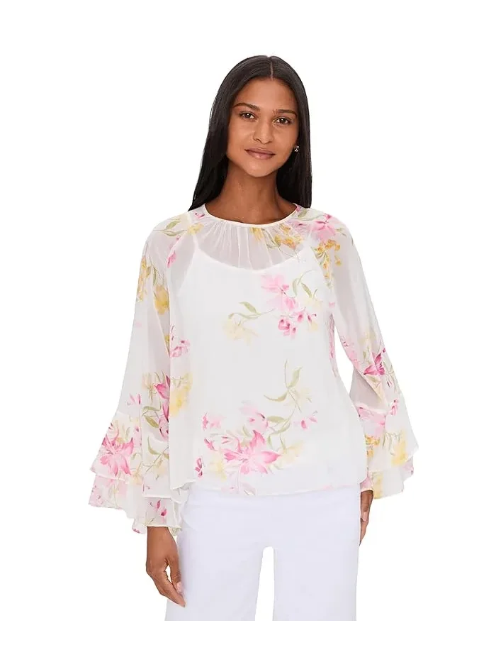 Блуза с воланами на рукавах Double Ruffle Sleeve Vince Camuto — изображение 1 из 5, кремовый