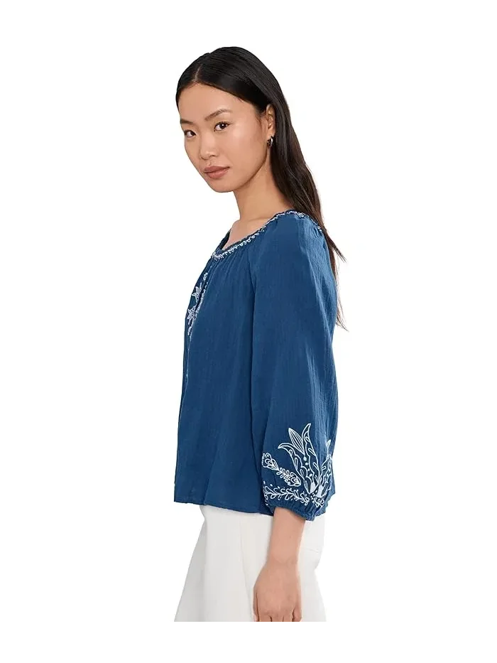Блуза с вышивкой Petite 3/4 Sleeve Woven Top Liverpool Los Angeles — изображение 3 из 5, синий