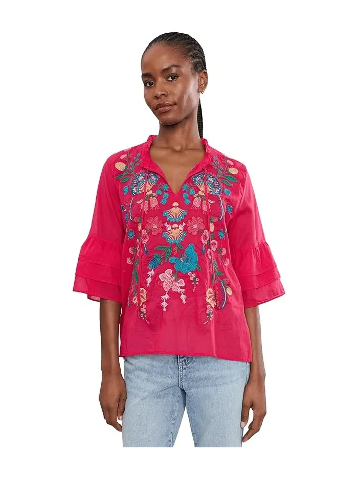 Блуза с воланами и вышивкой Ruffle Sleeve Blouse Soline Johnny Was — изображение 1 из 5, розовый