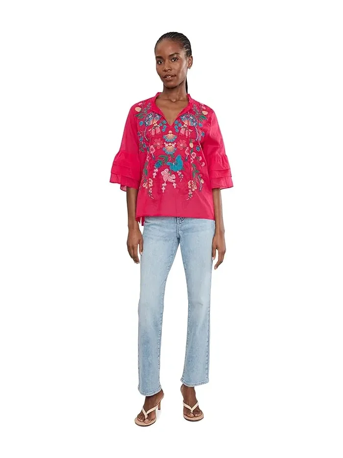 Блуза с воланами и вышивкой Ruffle Sleeve Blouse Soline Johnny Was — изображение 2 из 5, розовый
