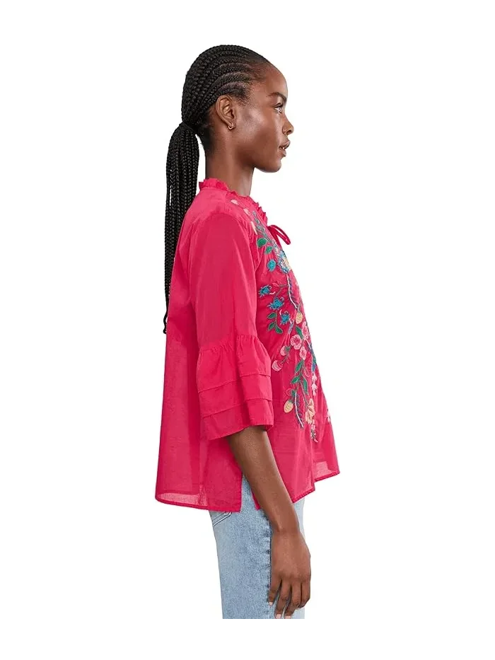 Блуза с воланами и вышивкой Ruffle Sleeve Blouse Soline Johnny Was — изображение 3 из 5, розовый
