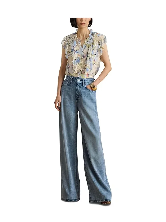 Блуза с воланами Floral Ruffle-Trim Georgette Shirt Lauren Ralph Lauren — изображение 2 из 5, синий мульти