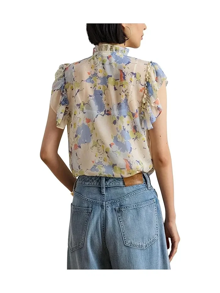 Блуза с воланами Floral Ruffle-Trim Georgette Shirt Lauren Ralph Lauren — изображение 3 из 5, синий мульти