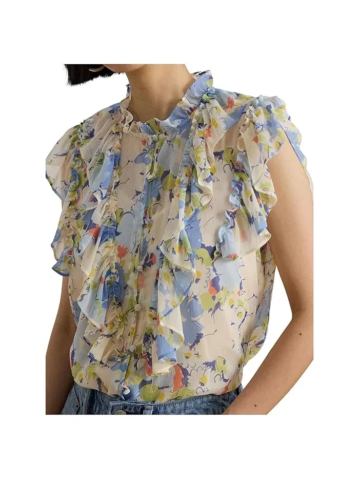Блуза с воланами Floral Ruffle-Trim Georgette Shirt Lauren Ralph Lauren — изображение 4 из 5, синий мульти