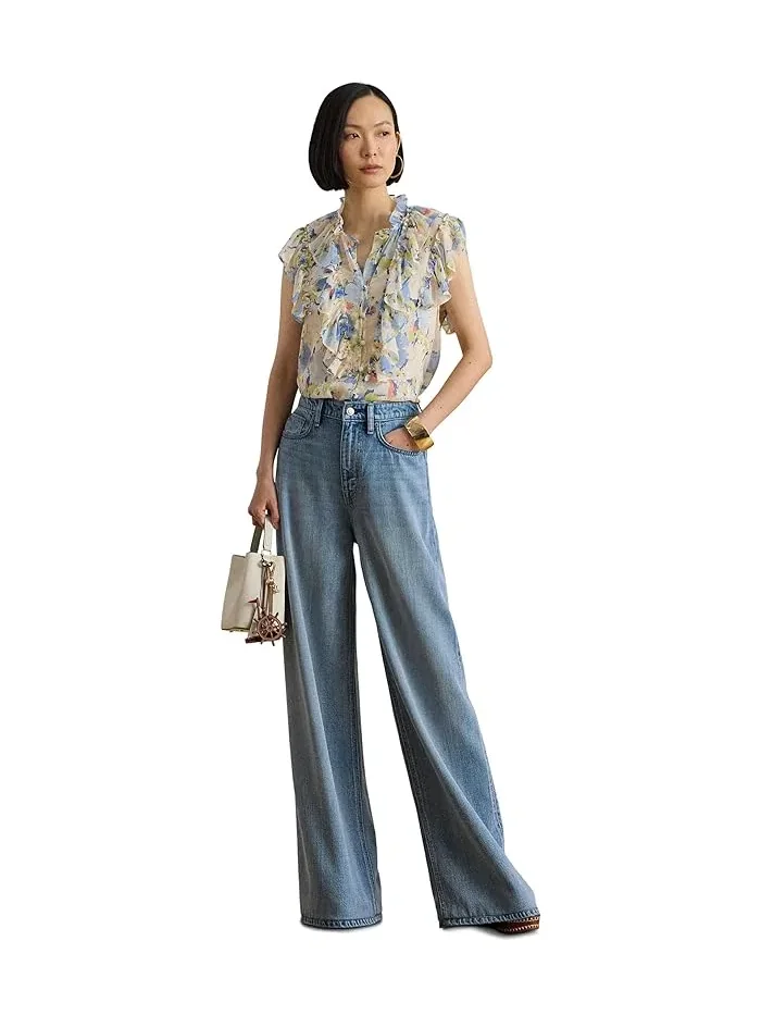 Блуза с воланами Floral Ruffle-Trim Georgette Shirt Lauren Ralph Lauren — изображение 5 из 5, синий мульти
