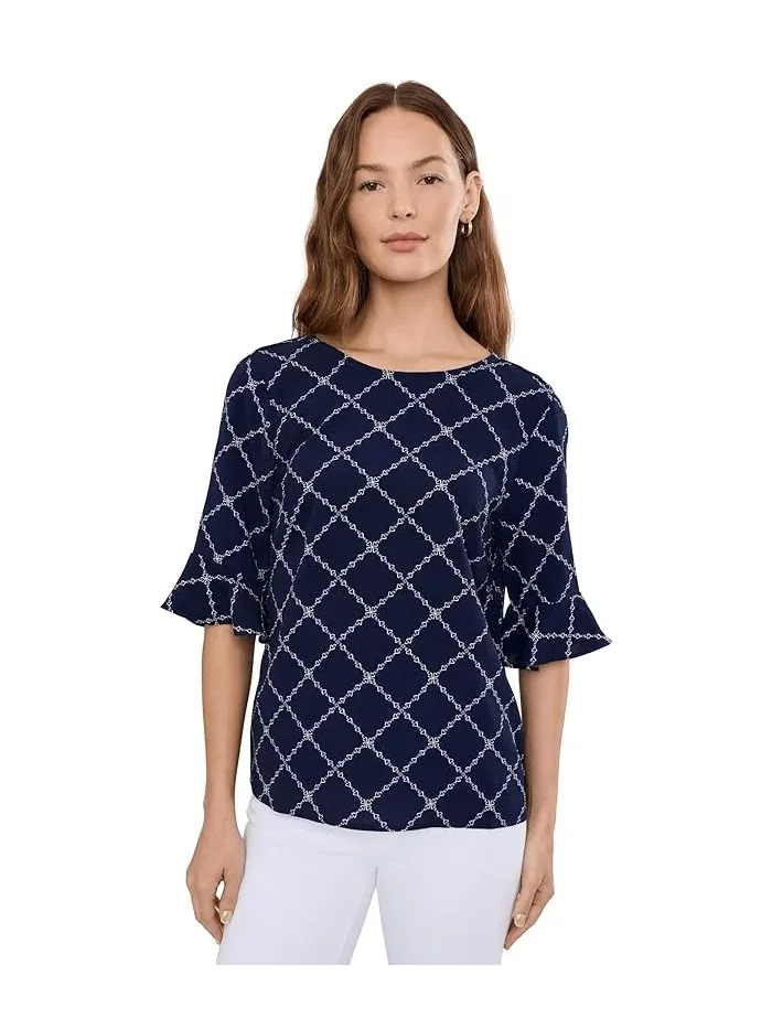 Блуза с оборками на рукавах Elbow Ruffle Cuff Crew Neck Top CeCe