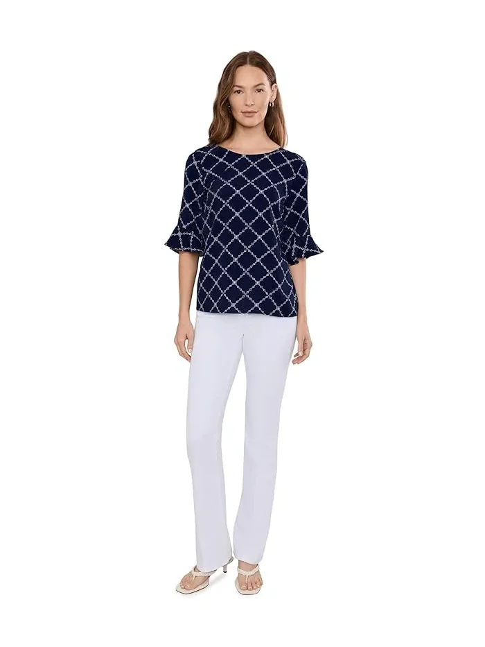 Блуза с оборками на рукавах Elbow Ruffle Cuff Crew Neck Top CeCe — изображение 2 из 5, классический темно-синий