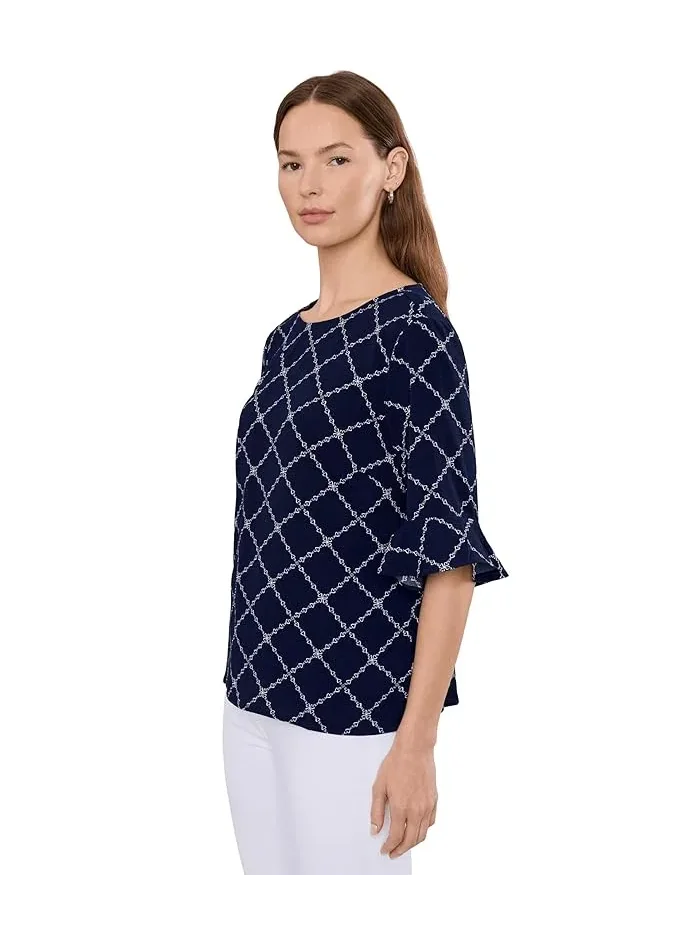 Блуза с оборками на рукавах Elbow Ruffle Cuff Crew Neck Top CeCe — изображение 3 из 5, классический темно-синий