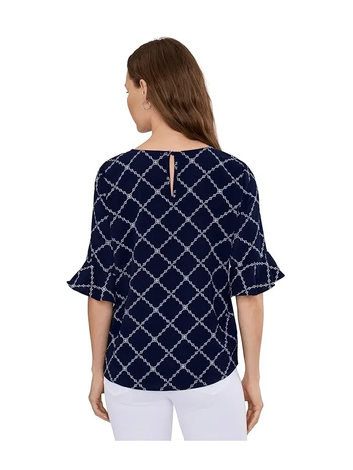 Блуза с оборками на рукавах Elbow Ruffle Cuff Crew Neck Top CeCe — изображение 4 из 5, классический темно-синий