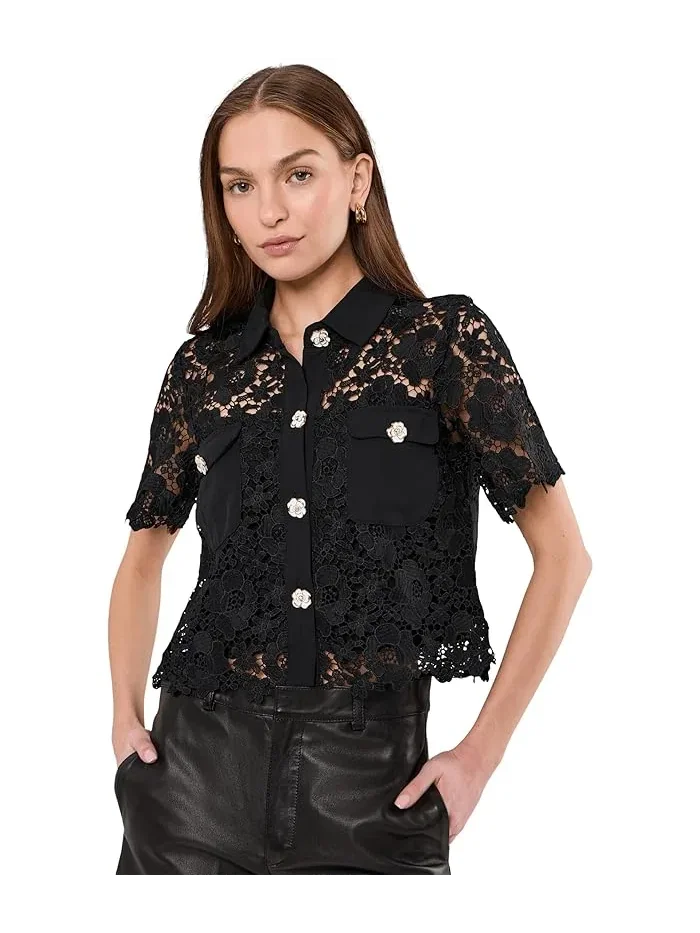 Блузка кружевная с коротким рукавом Patch Pocket CeCe — изображение 1 из 5, насыщенный черный