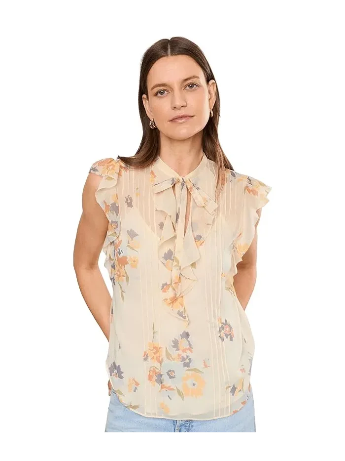 Блуза с цветочным принтом защипами и галстуком Lauren Ralph Lauren — изображение 1 из 5, белый/синий