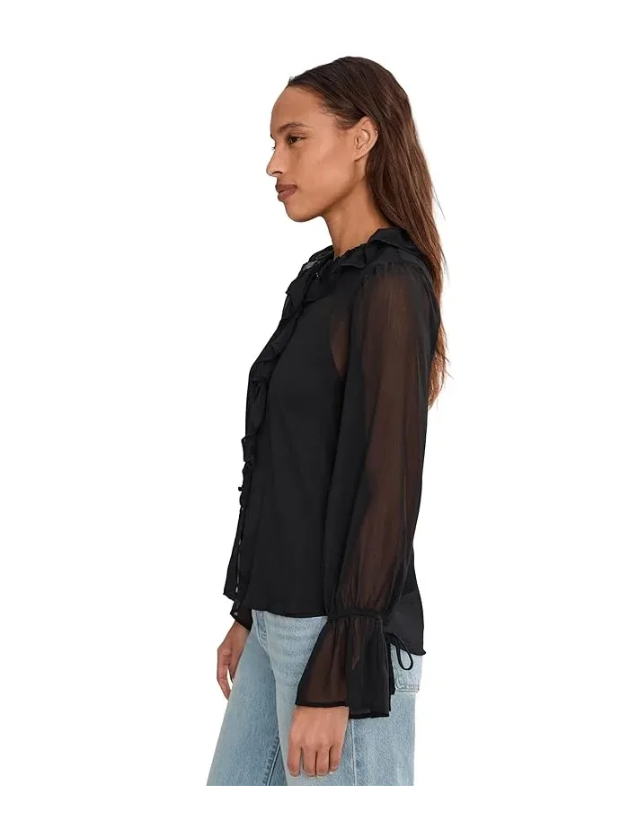 Блузка с воланами Liverpool Los Angeles Long Sleeve Ruffle Front Woven Shirt — изображение 3 из 5, черный