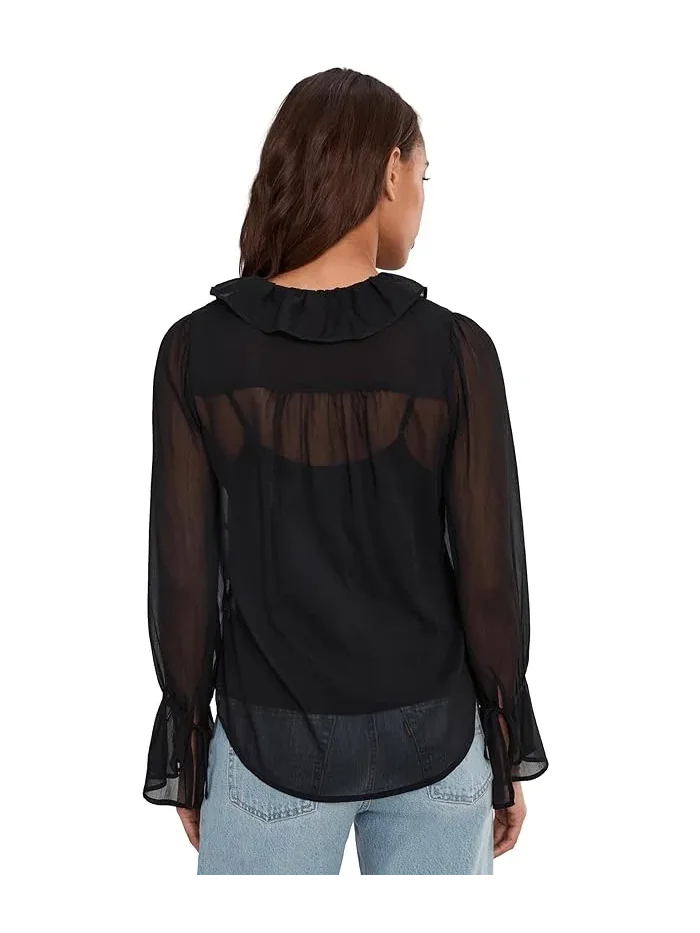 Блузка с воланами Liverpool Los Angeles Long Sleeve Ruffle Front Woven Shirt — изображение 4 из 5, черный