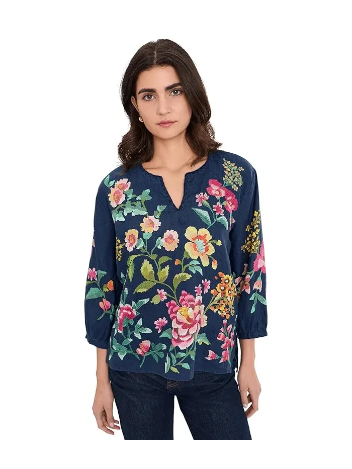 Блуза с вырезом капля льняная Split-Neck Linen Blouse Johnny Was