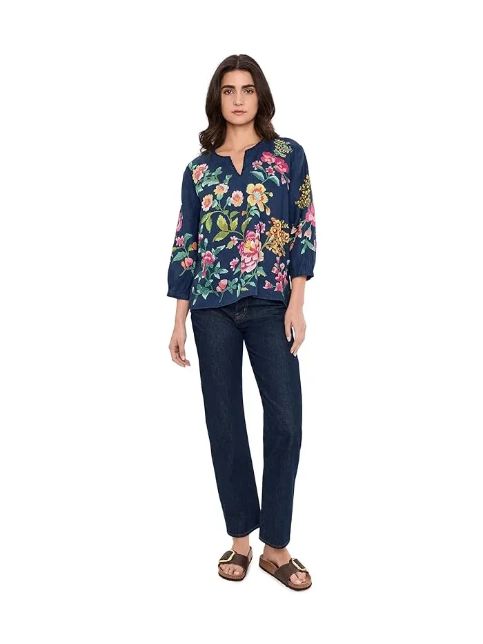 Блуза с вырезом капля льняная Split-Neck Linen Blouse Johnny Was — изображение 2 из 5, розовый