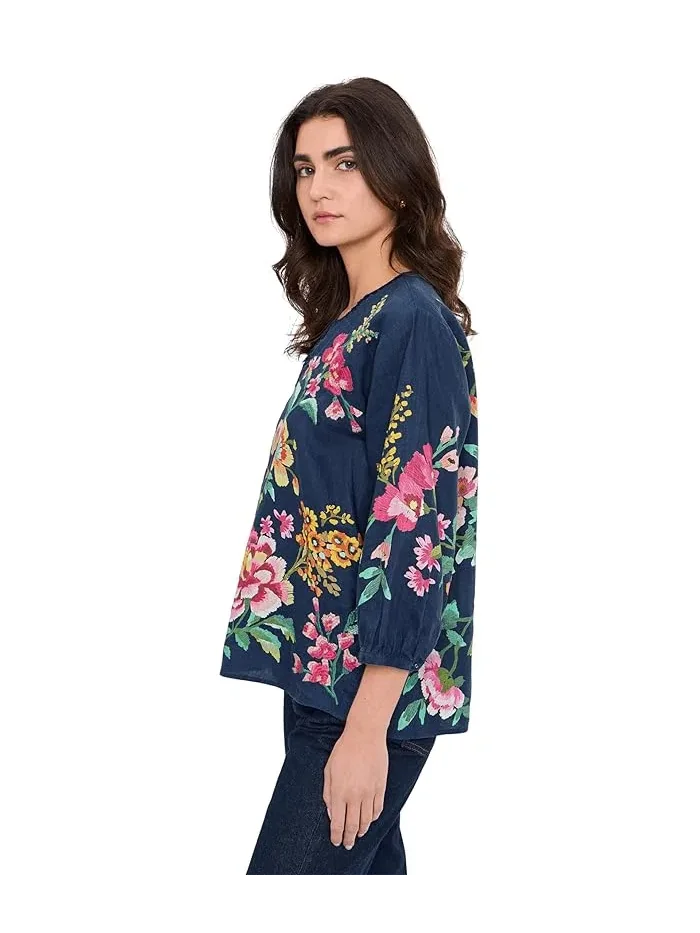 Блуза с вырезом капля льняная Split-Neck Linen Blouse Johnny Was — изображение 3 из 5, розовый