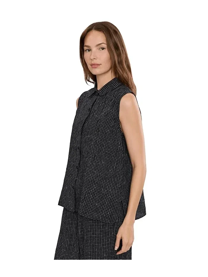 Рубашка из органического льна Puckered Organic Linen Grid Classic Collar Shirt Eileen Fisher — изображение 3 из 5, белый