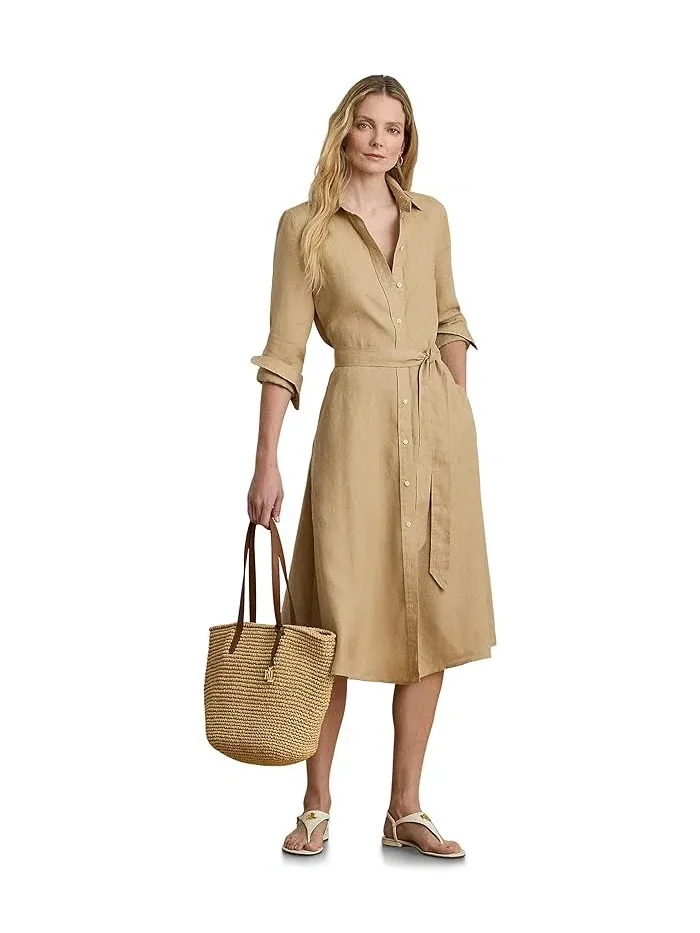 Платье-рубашка льняное с поясом LAUREN Ralph Lauren — изображение 1 из 4, бежевый