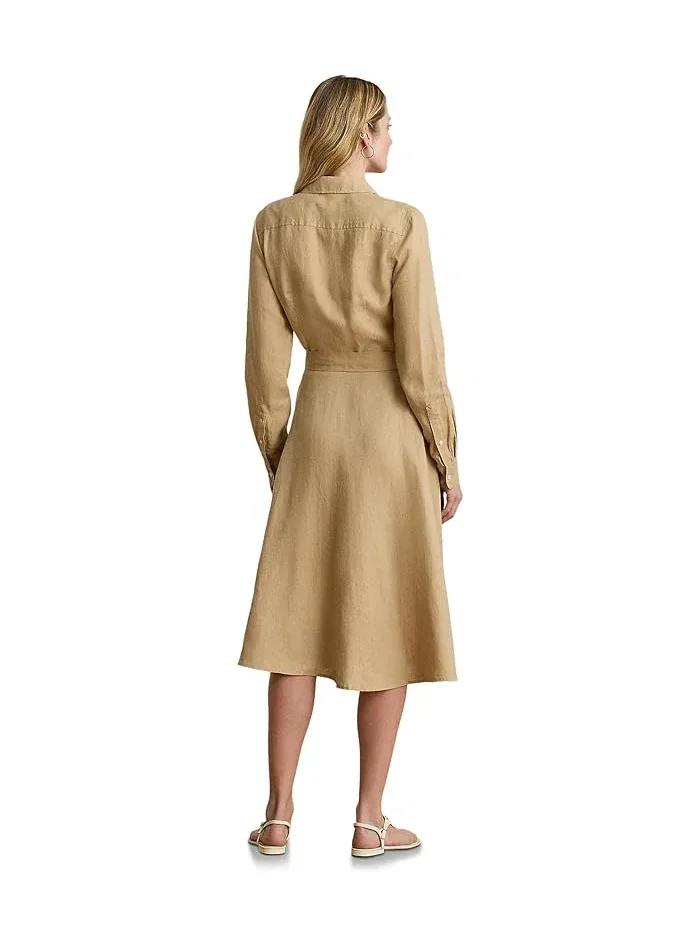 Платье-рубашка льняное с поясом LAUREN Ralph Lauren — изображение 2 из 4, бежевый
