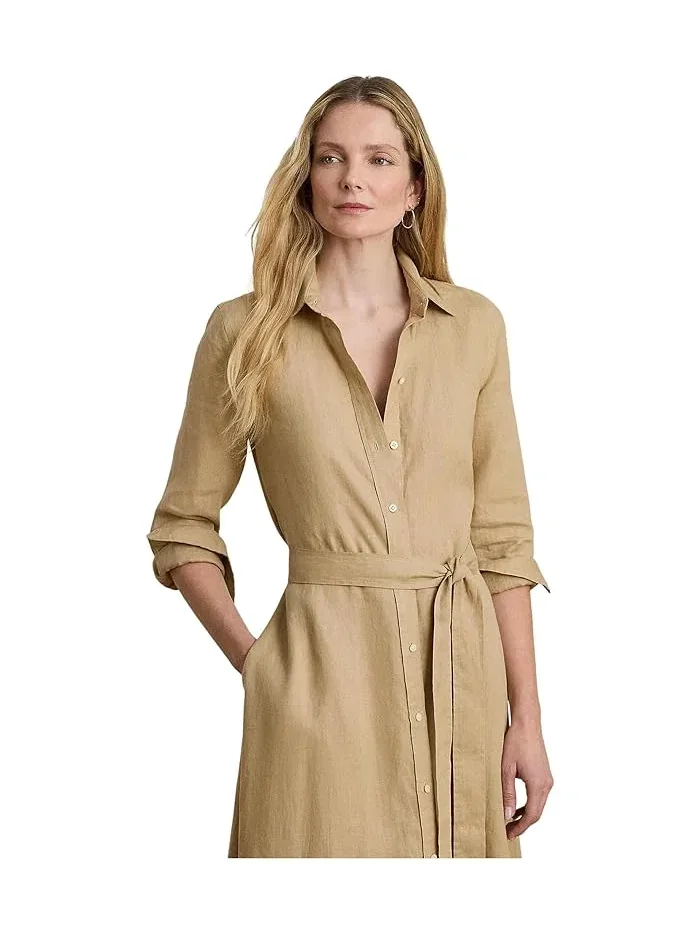 Платье-рубашка льняное с поясом LAUREN Ralph Lauren — изображение 3 из 4, бежевый