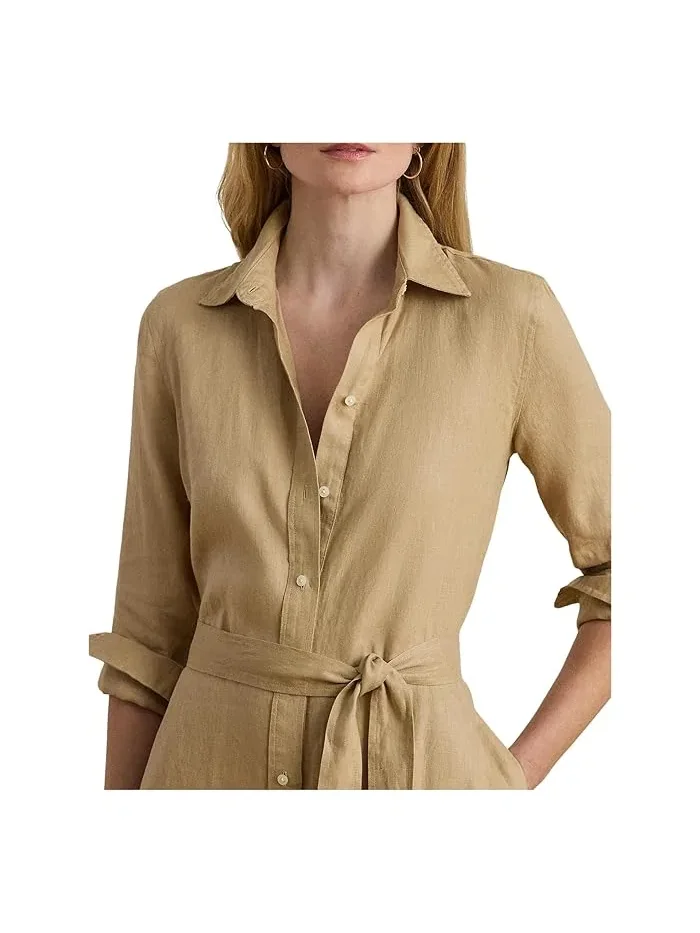 Платье-рубашка льняное с поясом LAUREN Ralph Lauren — изображение 4 из 4, бежевый