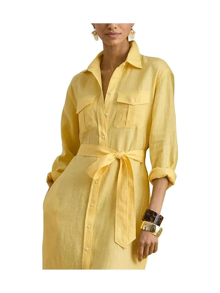 Платье-рубашка льняное миди Lauren Ralph Lauren — изображение 2 из 5, лимонный