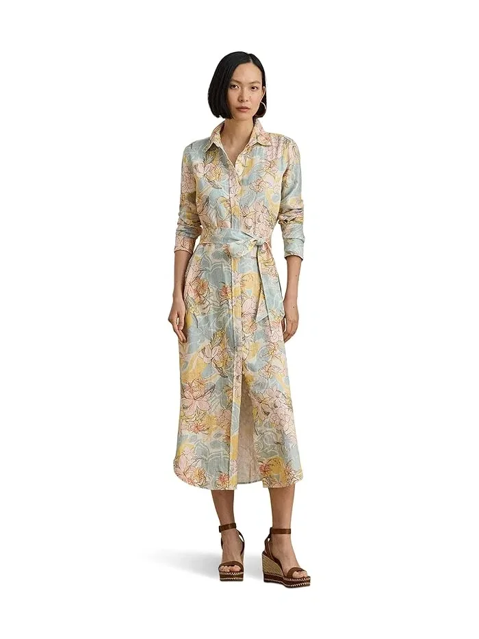 Платье-рубашка льняное Floral Linen Lauren Ralph Lauren — изображение 5 из 5, кремовый/синий мульти