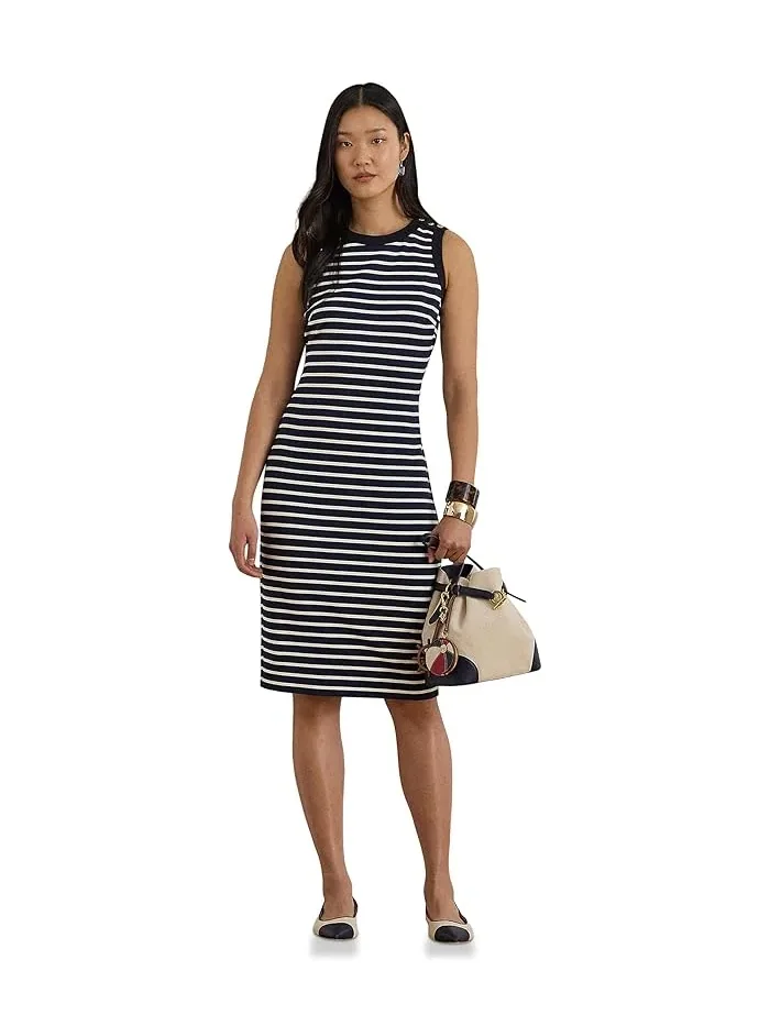 Платье-футляр полосатое Striped Snap-Trim Ponte Sheath Dress Lauren Ralph Lauren — изображение 1 из 4, оранжевый/белый