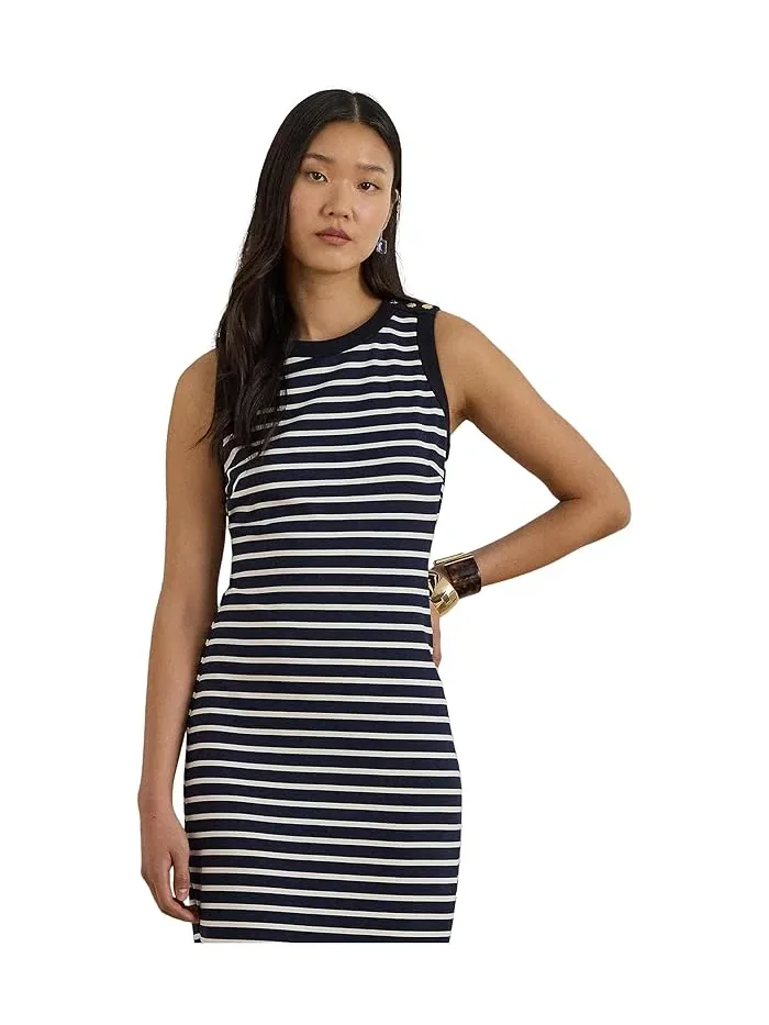 Платье-футляр полосатое Striped Snap-Trim Ponte Sheath Dress Lauren Ralph Lauren — изображение 2 из 4, оранжевый/белый