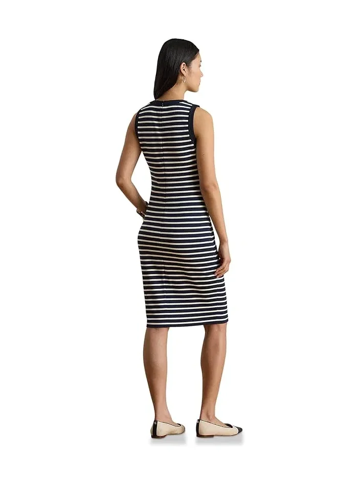 Платье-футляр полосатое Striped Snap-Trim Ponte Sheath Dress Lauren Ralph Lauren — изображение 3 из 4, оранжевый/белый