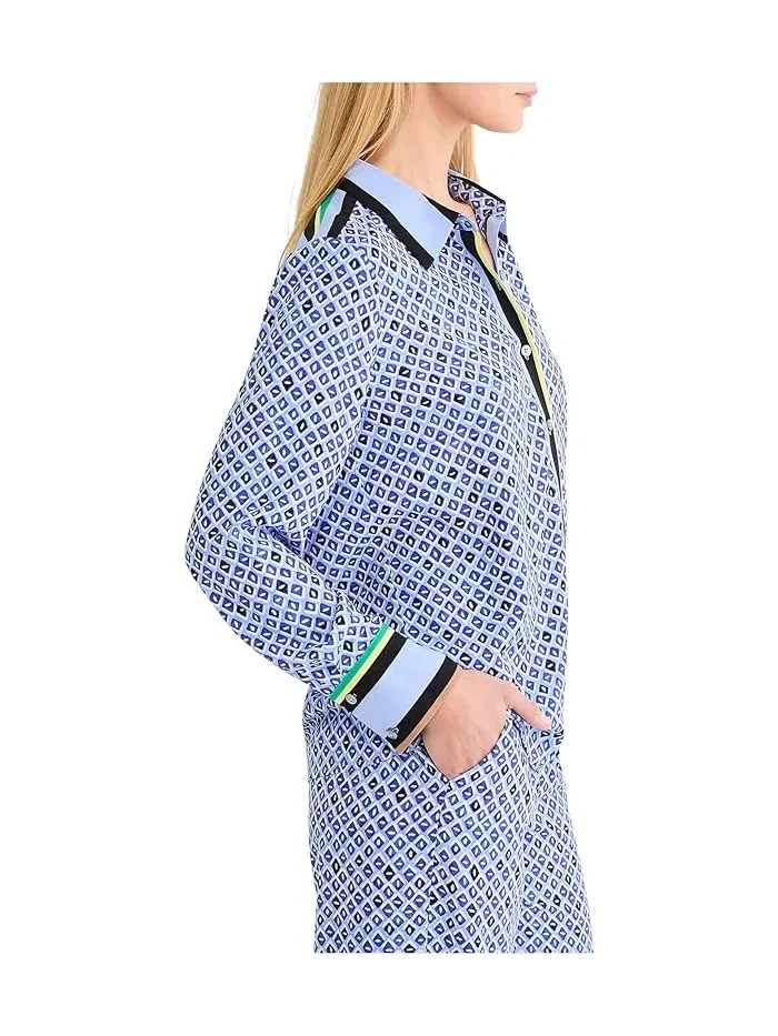 Рубашка с принтом Petite Mosaic Trimmed Shirt NIC+ZOE — изображение 3 из 4, синий мульти
