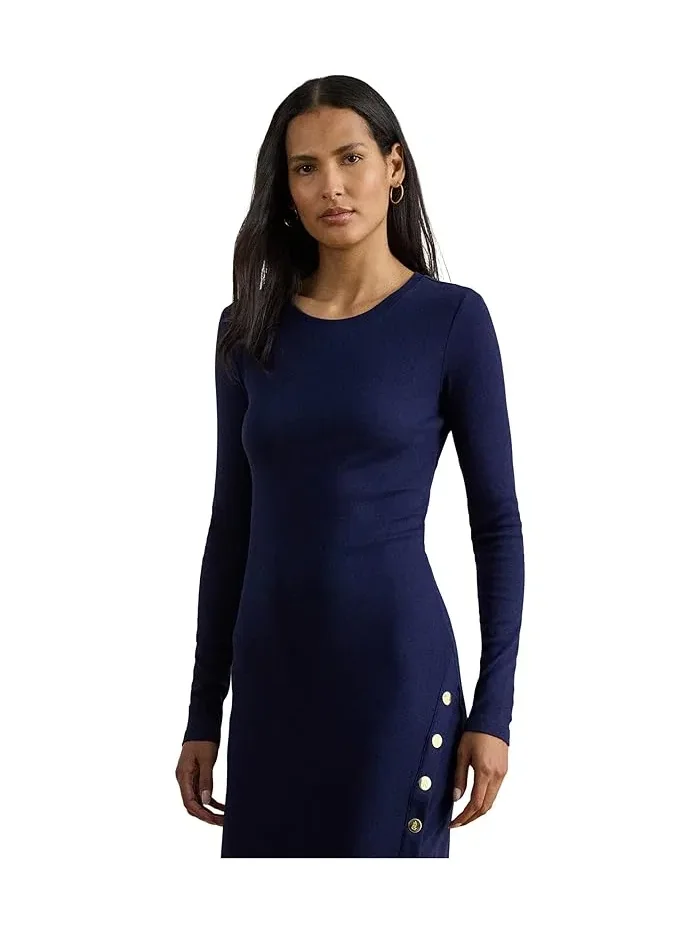 Платье трикотажное с пуговицами модель Button-trim Ribbed Cotton-blend Lauren Ralph Lauren — изображение 3 из 4, бежевый