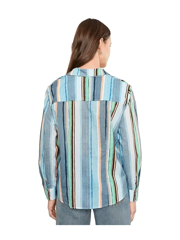 Рубашка хлопковая полосатая Stripe Core Cotton Shirt NIC+ZOE — изображение 4 из 5, синий мульти