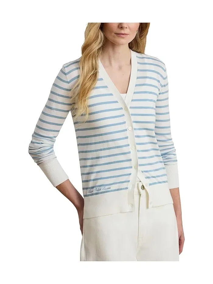 Кардиган хлопковый полосатый V-образный вырез Lauren Ralph Lauren — изображение 1 из 5, белый/синий