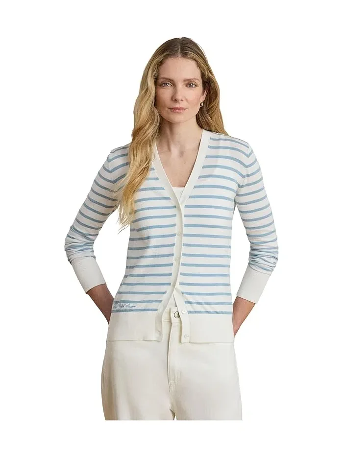 Кардиган хлопковый полосатый V-образный вырез Lauren Ralph Lauren — изображение 4 из 5, белый/синий
