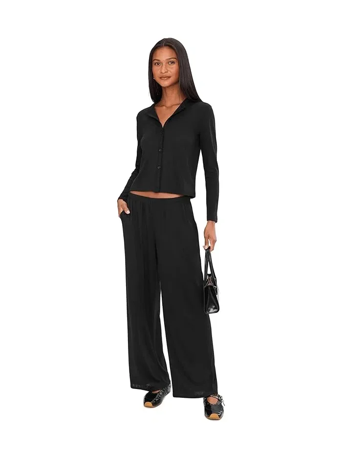 Штаны Pointelle Rib Pants с отделкой гребешком Barefoot Dreams — изображение 2 из 5, черный
