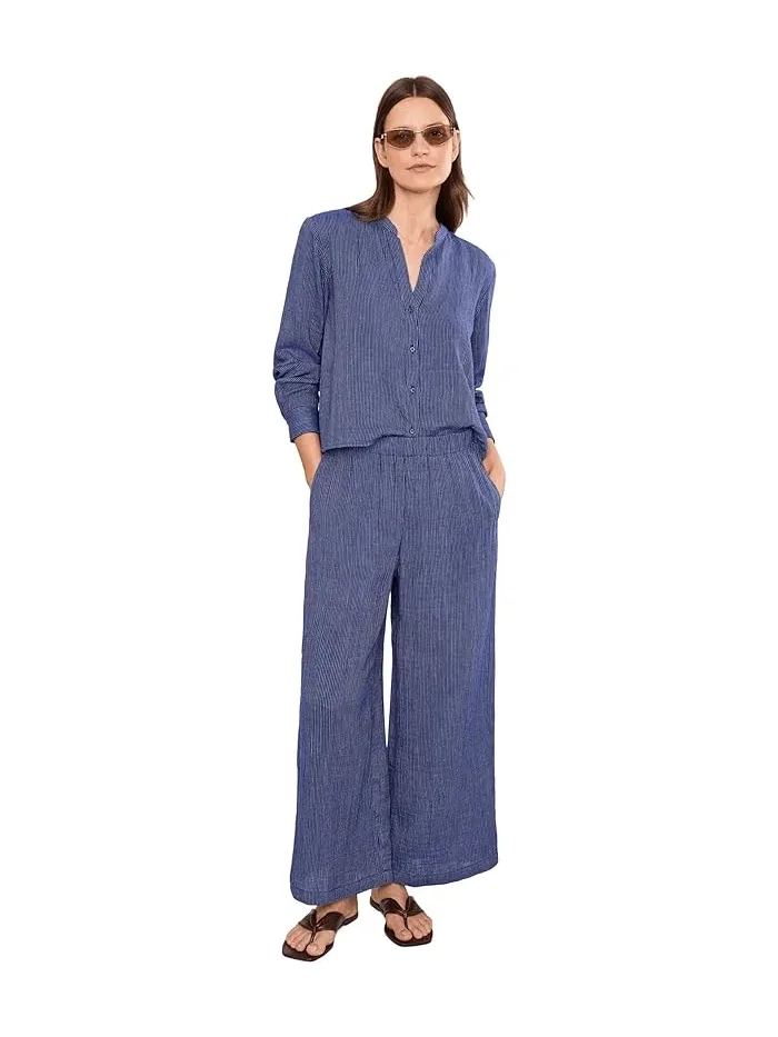 Брюки полосатые из органического хлопка Eileen Fisher — изображение 2 из 5, темно-синий