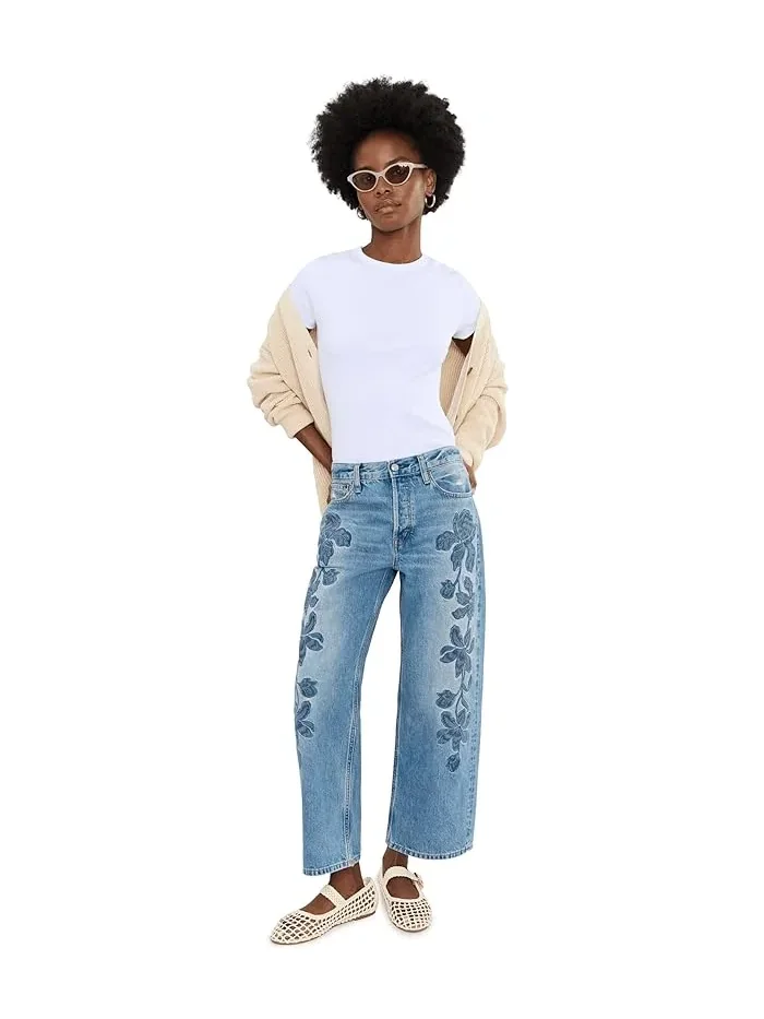 Джинсы свободного кроя с вышивкой Embroidered Low Slung Baggy Crop Madewell — изображение 2 из 5, шампиньон