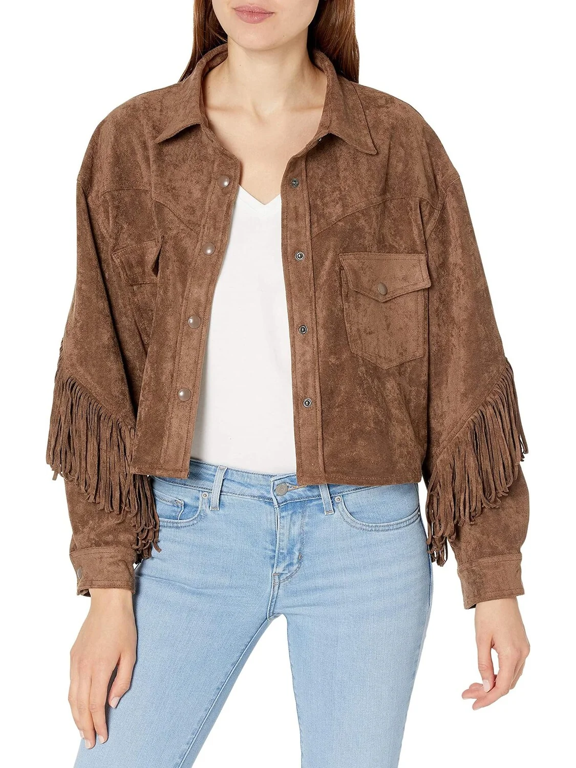 Куртка Faux Suede Fringe Shirt Jacket in Hot Cocoa Blank NYC — коричневый