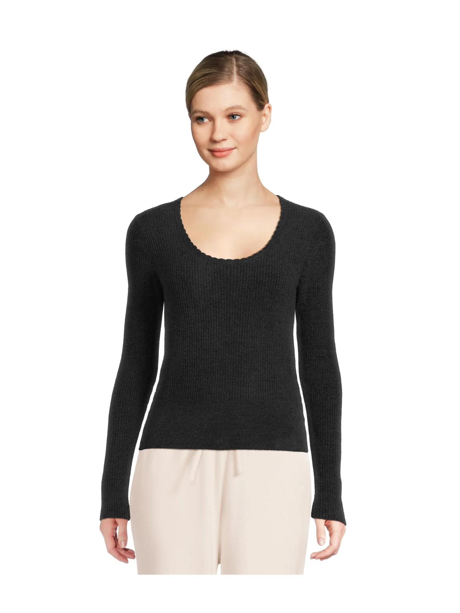 Топ Barefoot Dreams Cozychic Ultra Lite Ribbed Scallop Scoop Neck Top — черный