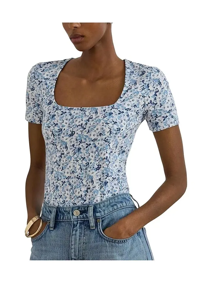Топ Floral Cotton Jersey Square-Neck Lauren Ralph Lauren — изображение 1 из 5, белый/синий