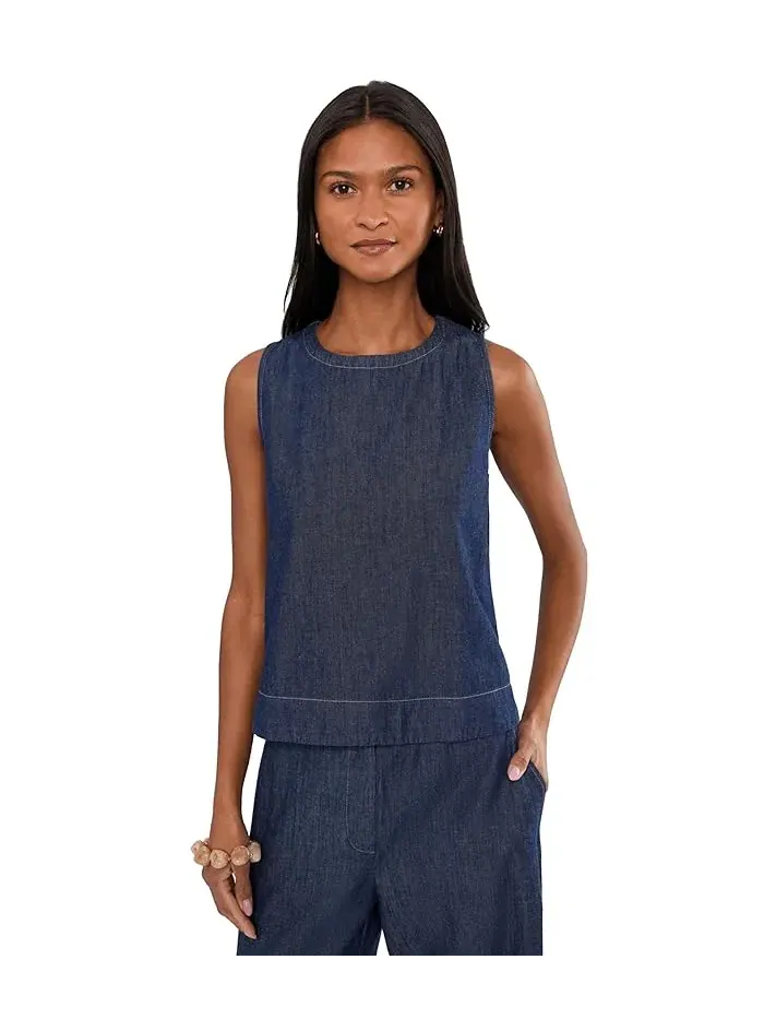 Топ джинсовый Lightweight Organic Cotton Denim Round Neck Shell Eileen Fisher — изображение 1 из 5, темный индиго