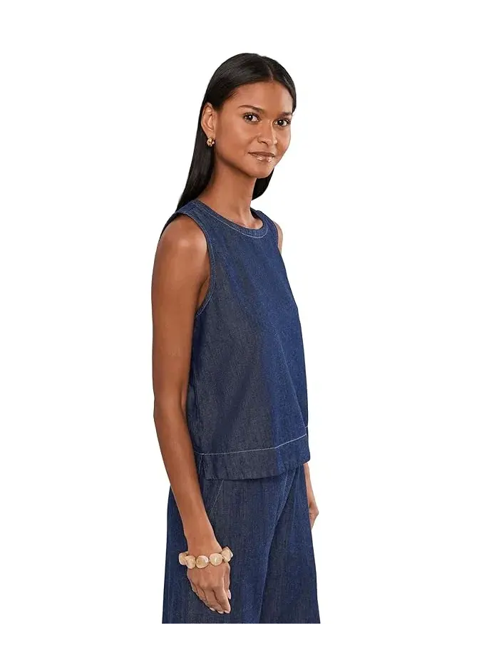 Топ джинсовый Lightweight Organic Cotton Denim Round Neck Shell Eileen Fisher — изображение 3 из 5, темный индиго