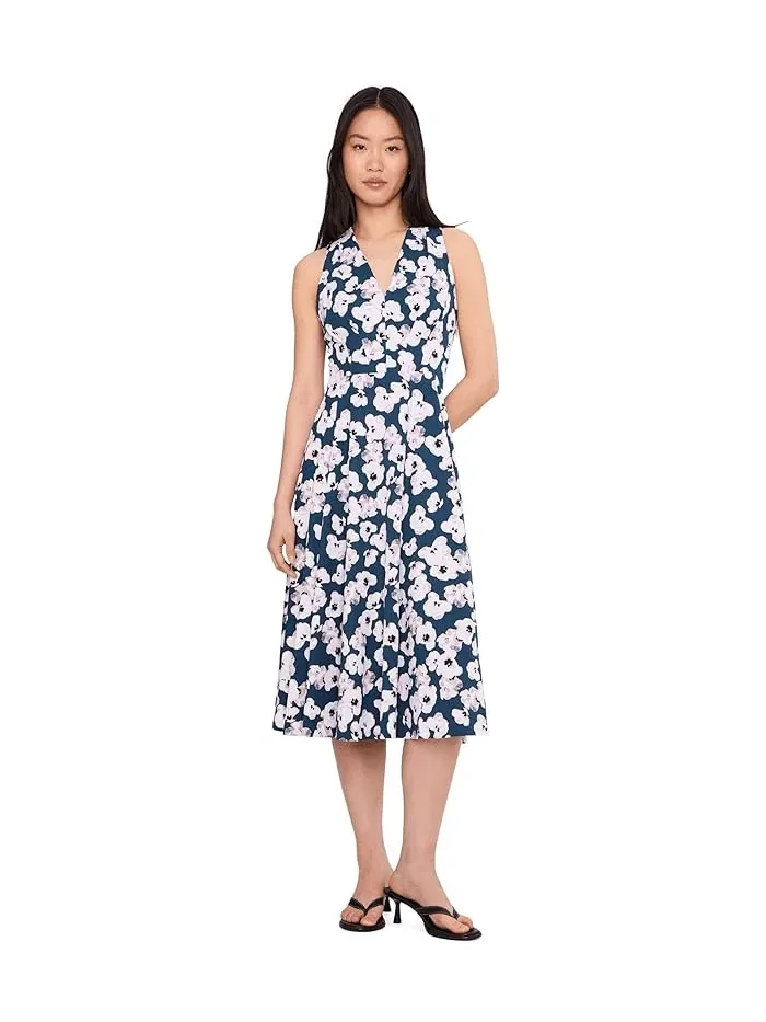 Платье с цветочным принтом Sleeveless Floral Scuba Crepe V-Neck Aline Calvin Klein — изображение 1 из 5, индиго мульти